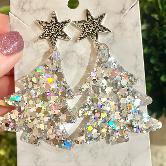 Acrylic Sparkle Christmas Tree Earrings - Picture 4 of 5